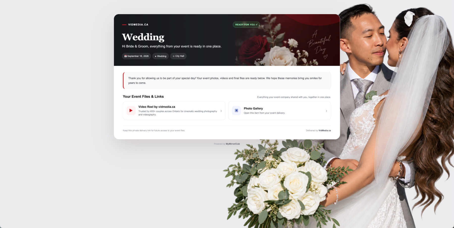 MyMirrorClub Client Delivery Center wedding example with custom couple background, video reel and photo gallery