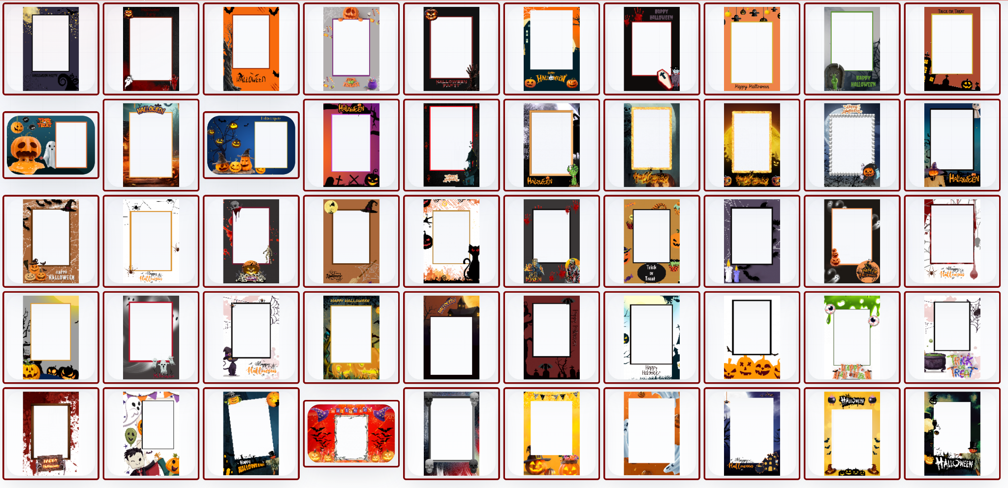 Real MyMirrorClub Halloween photo booth template library with many editable portrait and landscape template designs